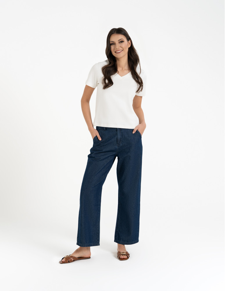 Koszulki i T-shirty - T-shirt damski z dekoltem w serek z dzianiny NIEBIESKI  - produkt moraj.pl 25