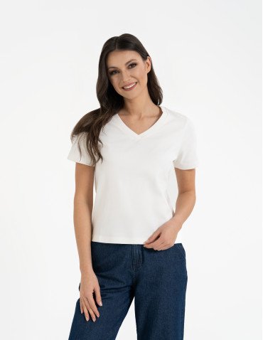 Koszulki i T-shirty - T-shirt damski z dekoltem w serek z dzianiny NIEBIESKI - produkt 26