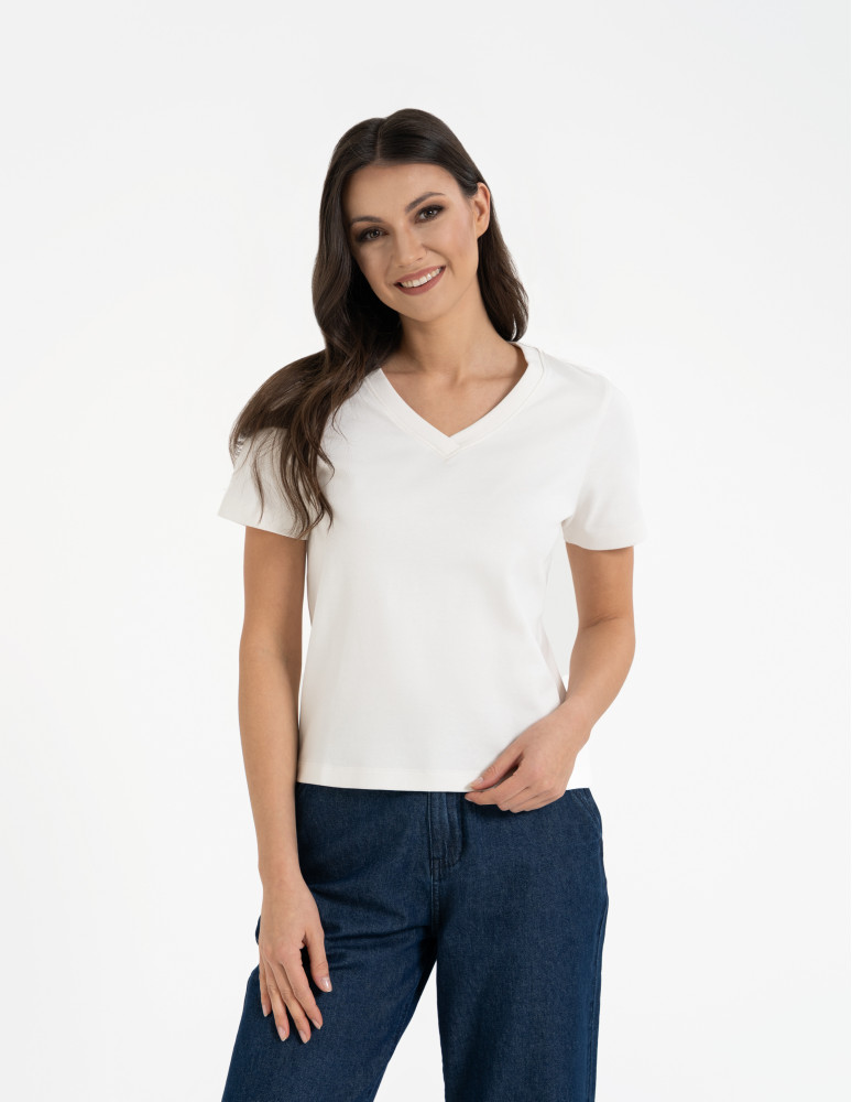 Koszulki i T-shirty - T-shirt damski z dekoltem w serek z dzianiny NIEBIESKI  - produkt moraj.pl 26