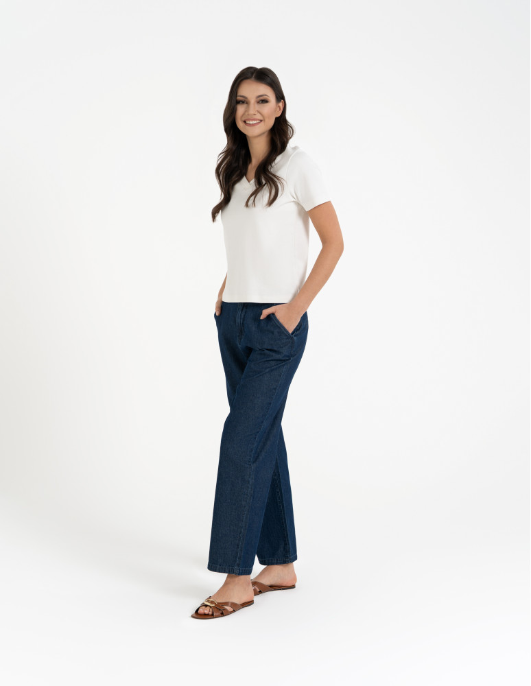 Koszulki i T-shirty - T-shirt damski z dekoltem w serek z dzianiny NIEBIESKI  - produkt moraj.pl 29