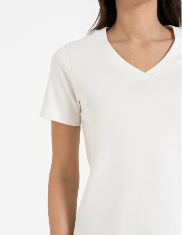 Koszulki i T-shirty - T-shirt damski z dekoltem w serek z dzianiny NIEBIESKI - produkt 30