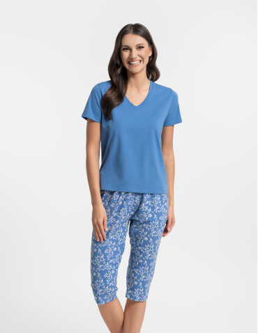 Piżama damska bawełniana z krótkim rękawem w kwiatki