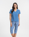 Piżama damska bawełniana z krótkim rękawem w kwiatki NIEBIESKI