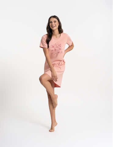 Koszule nocne z krótkim rękawem - Koszula nocna damska bawełniana z kwiatowym nadrukiem RÓŻOWY - produkt 3