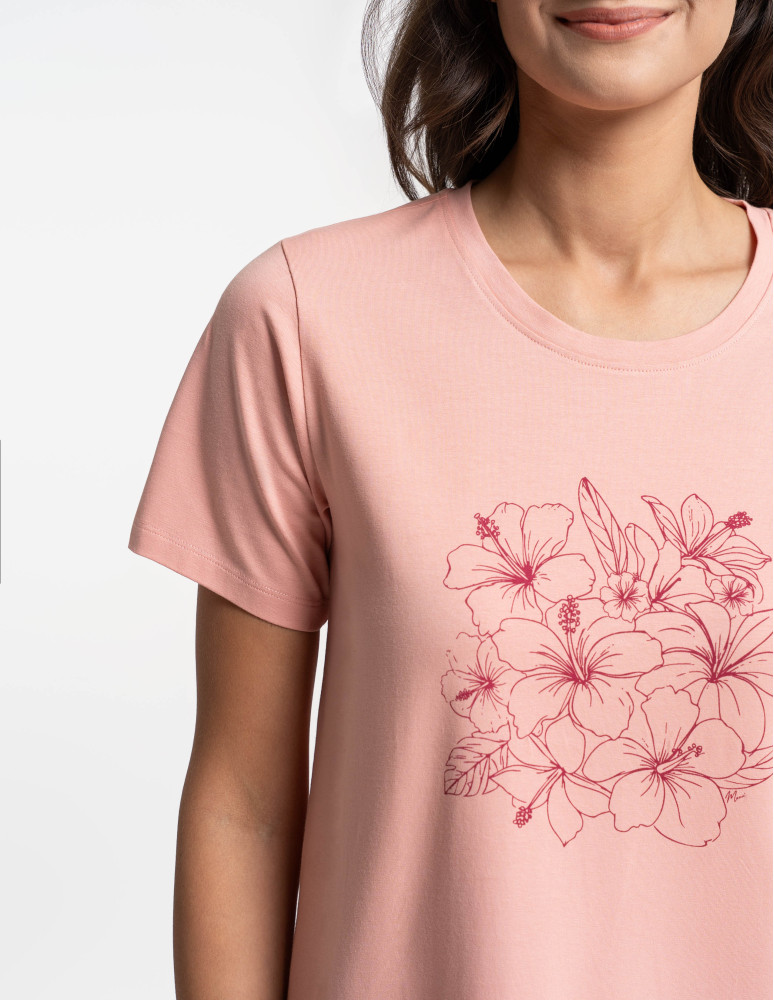 Koszule nocne z krótkim rękawem - Koszula nocna damska bawełniana z kwiatowym nadrukiem RÓŻOWY  - produkt moraj.pl 2