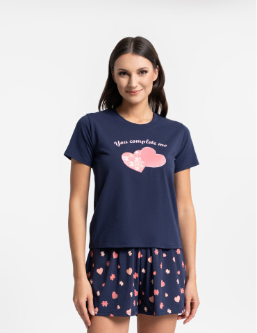 Piżama damska z krótkim rękawem i szortami - GRANATOWY