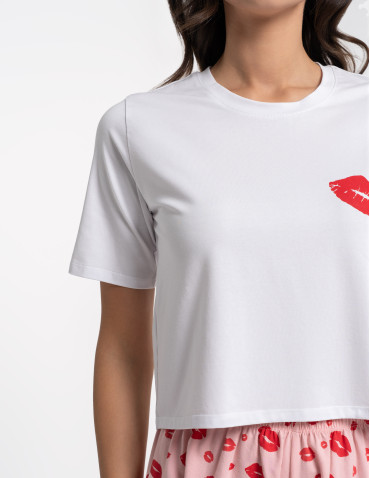 Piżamy z krótkim rękawem - Piżama damska z krótkim rękawem i szortami w usta RÓŻOWY - produkt 8