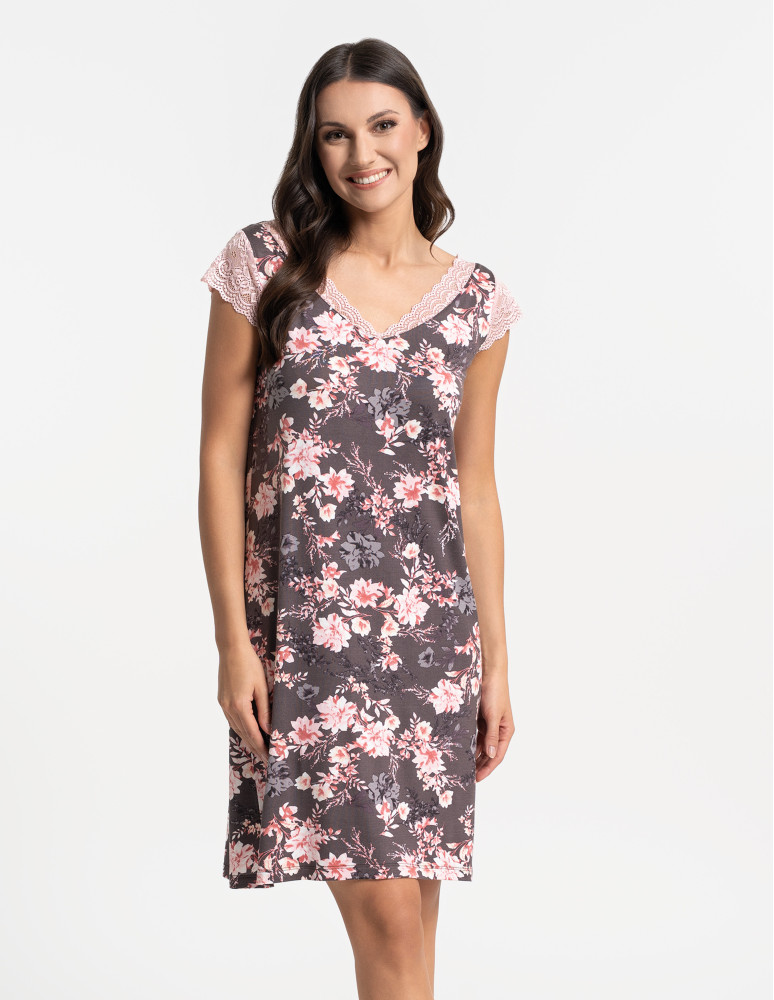 Koszule nocne z krótkim rękawem - Koszula nocna damska z krótkim rękawem wiskozowa z koronką WZÓR 1 - produkt moraj.pl 1