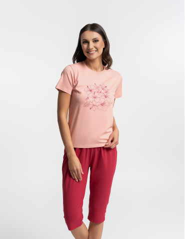 Piżama damska bawełniana dwuczęściowa z kwiatowym nadrukiem