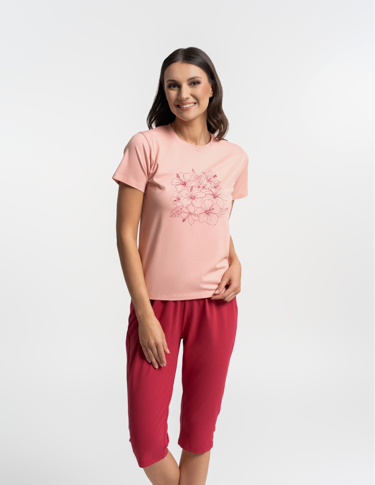 Piżama damska bawełniana dwuczęściowa z kwiatowym nadrukiem RÓŻOWY