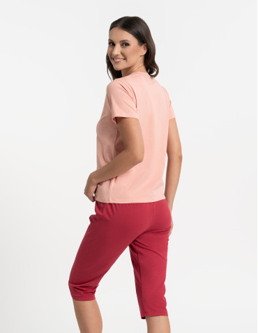 Piżamy z krótkim rękawem - Piżama damska bawełniana dwuczęściowa z kwiatowym nadrukiem RÓŻOWY - produkt 3