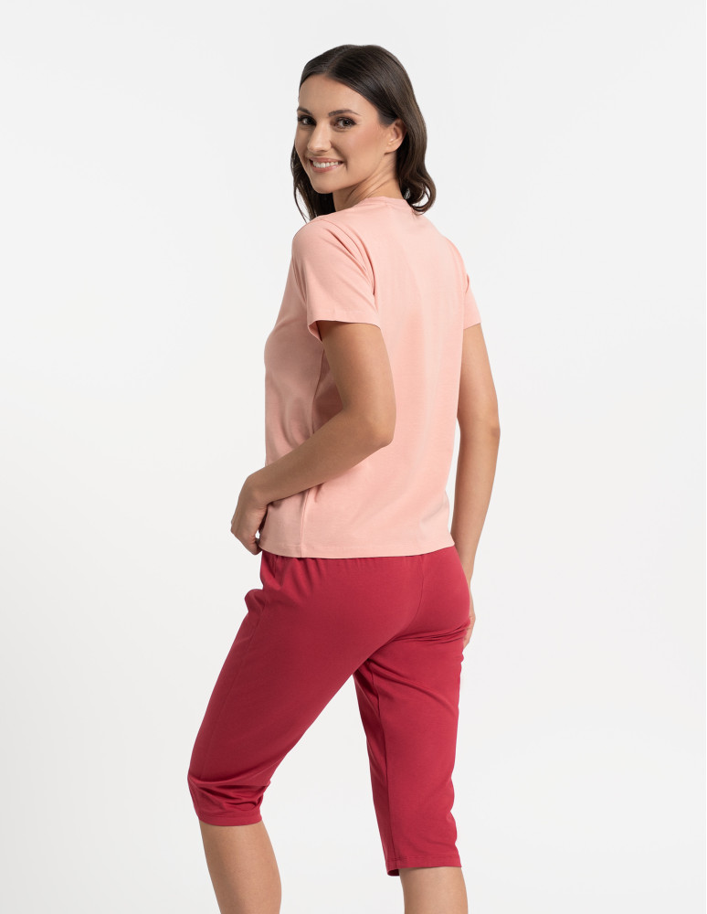 Piżamy z krótkim rękawem - Piżama damska bawełniana dwuczęściowa z kwiatowym nadrukiem RÓŻOWY - produkt moraj.pl 3