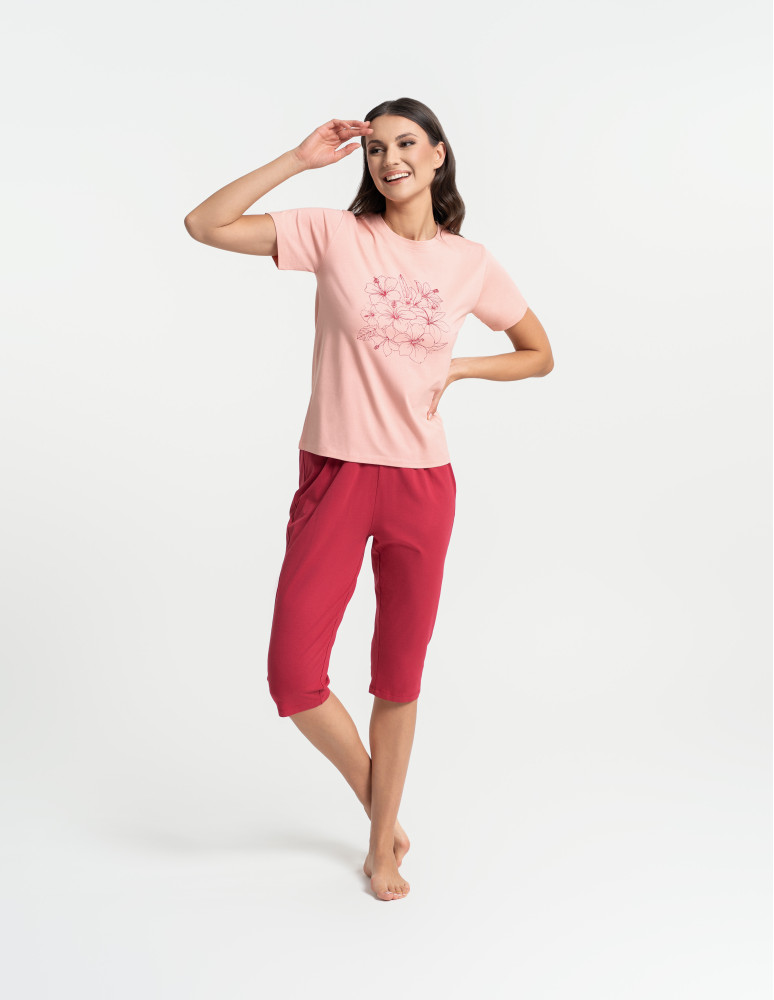 Piżamy z krótkim rękawem - Piżama damska bawełniana dwuczęściowa z kwiatowym nadrukiem RÓŻOWY - produkt moraj.pl 2
