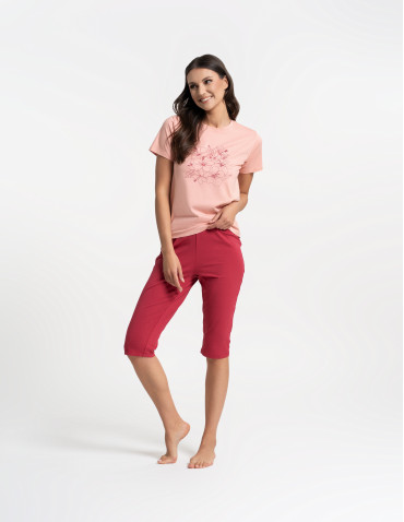 Piżamy z krótkim rękawem - Piżama damska bawełniana dwuczęściowa z kwiatowym nadrukiem RÓŻOWY - produkt 5