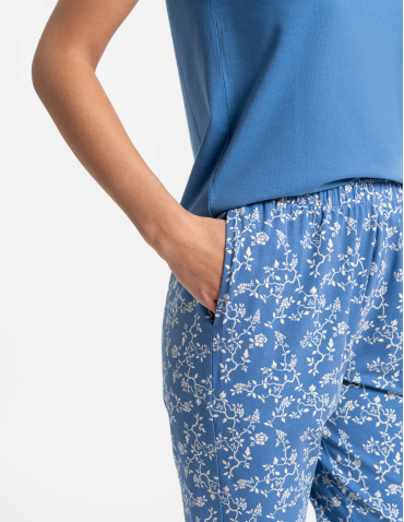 Piżamy z krótkim rękawem - Piżama damska bawełniana z krótkim rękawem w kwiatki NIEBIESKI - produkt 3