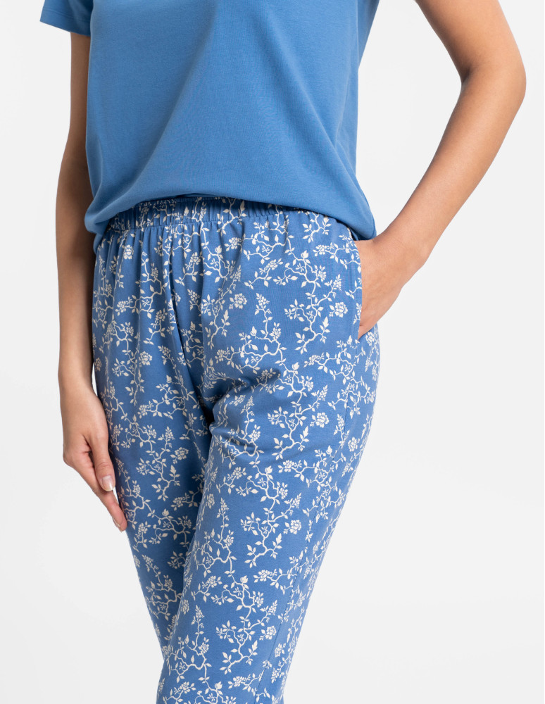 Piżamy z krótkim rękawem - Piżama damska bawełniana z krótkim rękawem w kwiatki NIEBIESKI - produkt moraj.pl 4