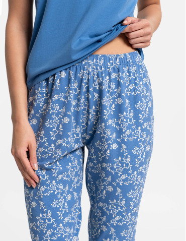 Piżamy z krótkim rękawem - Piżama damska bawełniana z krótkim rękawem w kwiatki NIEBIESKI - produkt 6