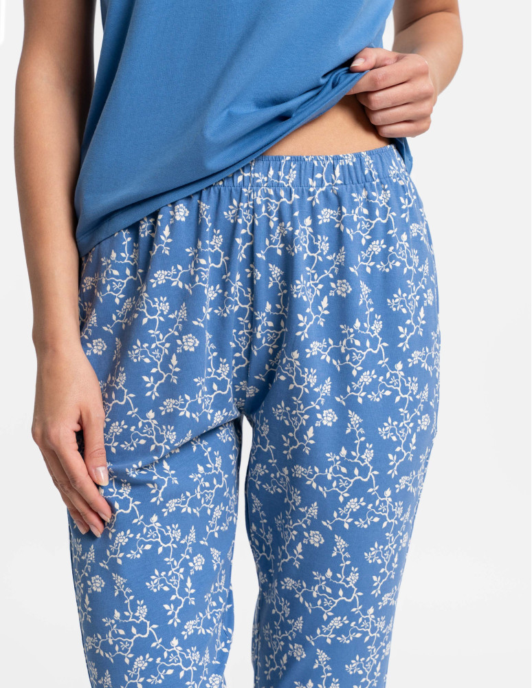 Piżamy z krótkim rękawem - Piżama damska bawełniana z krótkim rękawem w kwiatki NIEBIESKI - produkt moraj.pl 6