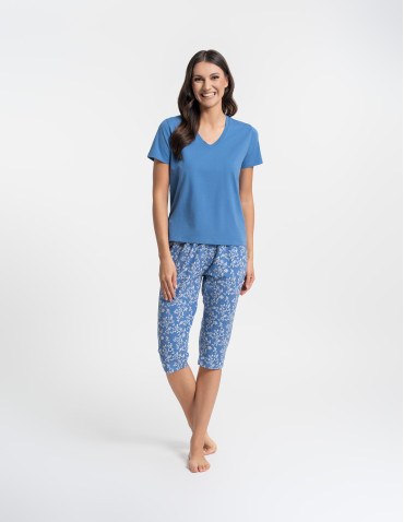 Piżamy z krótkim rękawem - Piżama damska bawełniana z krótkim rękawem w kwiatki NIEBIESKI - produkt 5