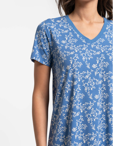 Koszule nocne z krótkim rękawem - Koszula nocna damska bawełniana z krótkim rękawem w kwiatowy wzór NIEBIESKI - produkt 3