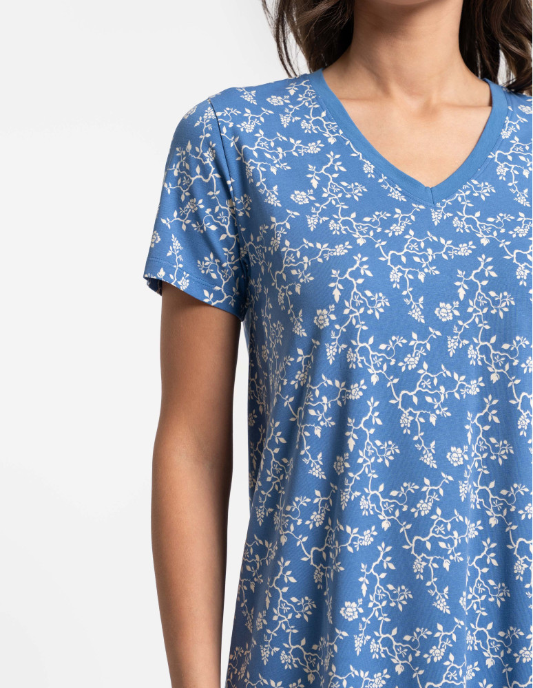 Koszule nocne z krótkim rękawem - Koszula nocna damska bawełniana z krótkim rękawem w kwiatowy wzór NIEBIESKI  - produkt moraj.pl 3