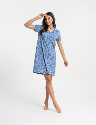 Koszule nocne z krótkim rękawem - Koszula nocna damska bawełniana z krótkim rękawem w kwiatowy wzór NIEBIESKI - produkt 4