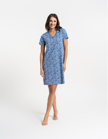 Koszule nocne z krótkim rękawem - Koszula nocna damska bawełniana z krótkim rękawem w kwiatowy wzór NIEBIESKI - produkt 6