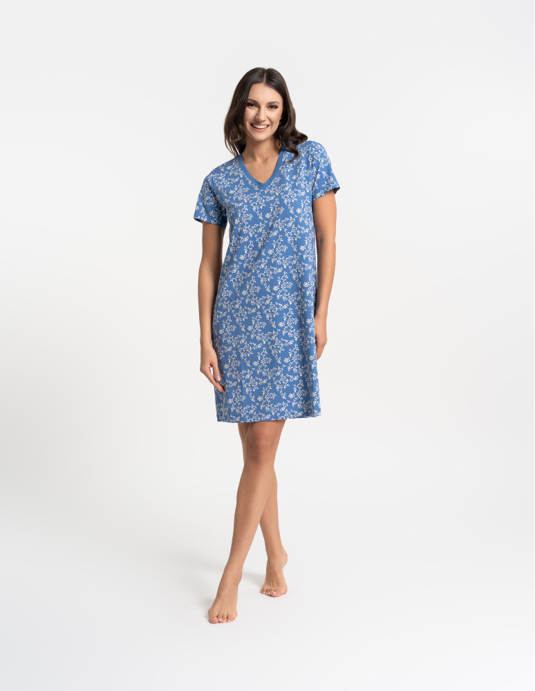 Koszule nocne z krótkim rękawem - Koszula nocna damska bawełniana z krótkim rękawem w kwiatowy wzór NIEBIESKI  - produkt moraj.pl 6