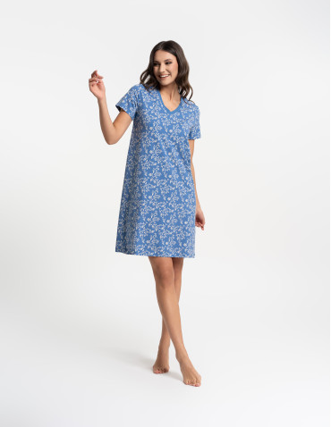 Koszule nocne z krótkim rękawem - Koszula nocna damska bawełniana z krótkim rękawem w kwiatowy wzór NIEBIESKI - produkt 7