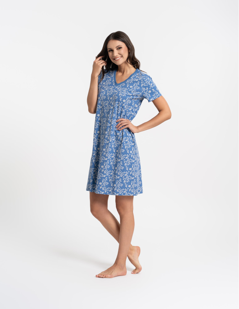 Koszule nocne z krótkim rękawem - Koszula nocna damska bawełniana z krótkim rękawem w kwiatowy wzór NIEBIESKI  - produkt moraj.pl 8