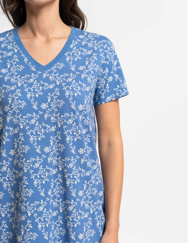 Koszule nocne z krótkim rękawem - Koszula nocna damska bawełniana z krótkim rękawem w kwiatowy wzór NIEBIESKI - produkt 10