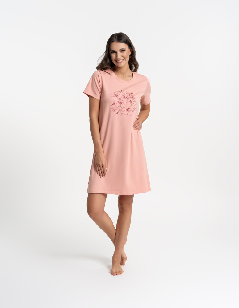 Koszule nocne z krótkim rękawem - Koszula nocna damska bawełniana z kwiatowym nadrukiem RÓŻOWY - produkt moraj.pl 1