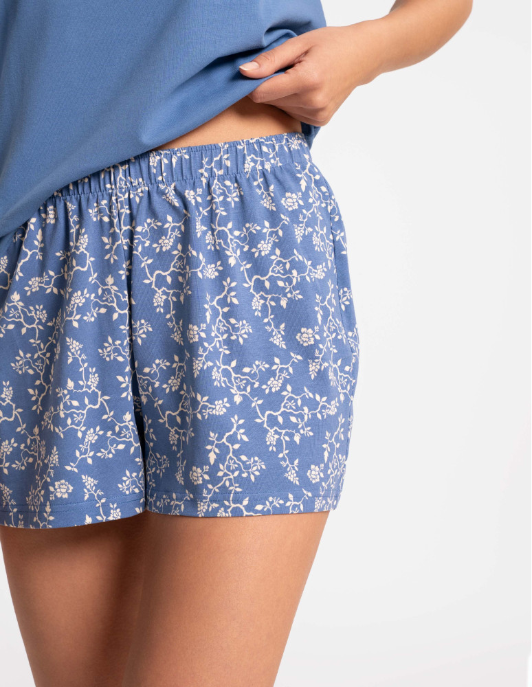 Piżamy z krótkim rękawem - Piżama damska bawełniana dwuczęściowa w kwiatowy wzór NIEBIESKI  - produkt moraj.pl 2