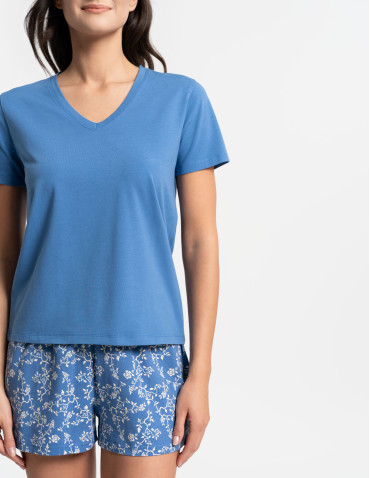 Piżamy z krótkim rękawem - Piżama damska bawełniana dwuczęściowa w kwiatowy wzór NIEBIESKI - produkt 5