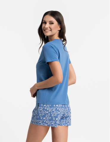 Piżamy z krótkim rękawem - Piżama damska bawełniana dwuczęściowa w kwiatowy wzór NIEBIESKI - produkt 6