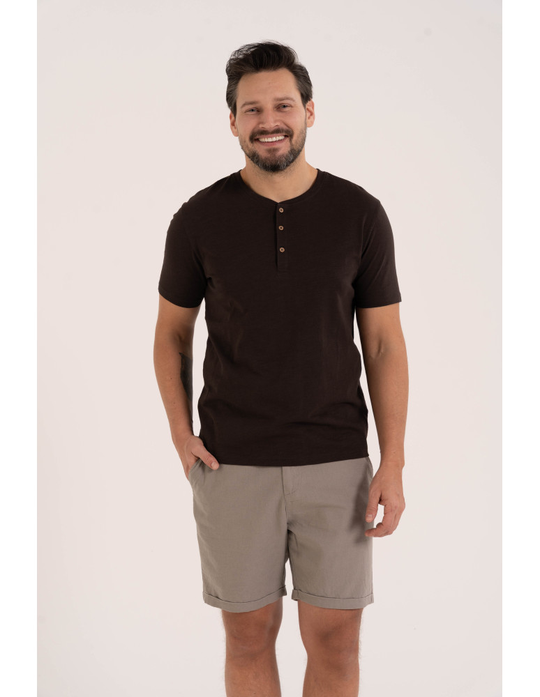 Koszulki i Tank Topy - Koszulka męska bawełniana typu henley z krótkim rękawem BRĄZOWY - produkt moraj.pl 1