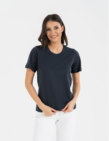 Koszulki i T-shirty - T-shirt damski bawełniany bez szwów bocznych GRANATOWY - produkt 5