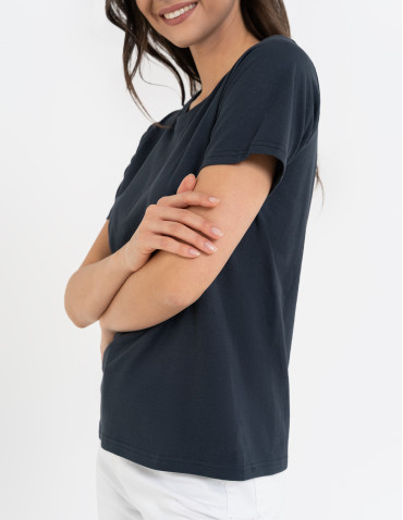 Koszulki i T-shirty - T-shirt damski bawełniany bez szwów bocznych GRANATOWY - produkt 7