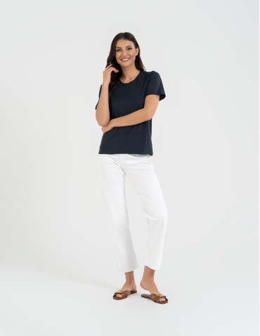 Koszulki i T-shirty - T-shirt damski bawełniany bez szwów bocznych GRANATOWY - produkt 11