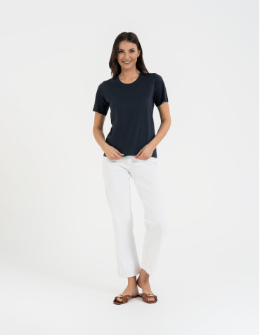 Koszulki i T-shirty - T-shirt damski bawełniany bez szwów bocznych GRANATOWY - produkt 12