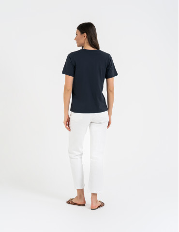 Koszulki i T-shirty - T-shirt damski bawełniany bez szwów bocznych GRANATOWY - produkt 13