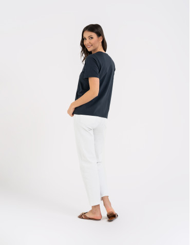 Koszulki i T-shirty - T-shirt damski bawełniany bez szwów bocznych GRANATOWY - produkt 14