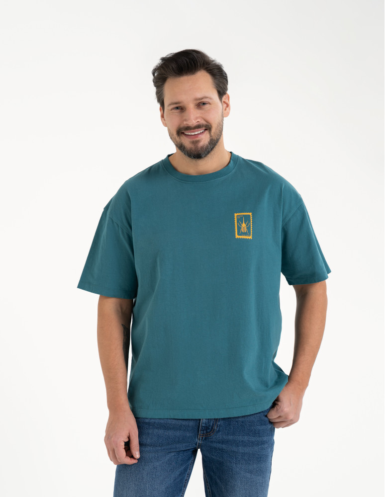 T-shirt męski luźny bawełniany z minimalistycznym nadrukiem NIEBIESKI