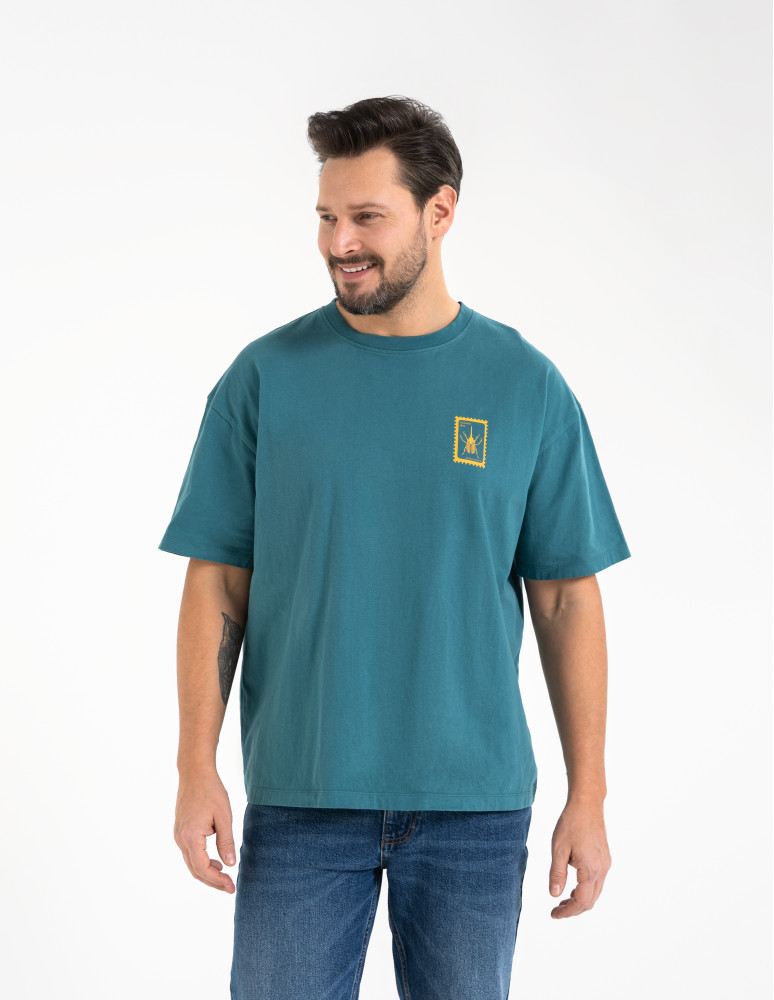 T-shirty basic - T-shirt męski luźny bawełniany z minimalistycznym nadrukiem NIEBIESKI - produkt moraj.pl 3