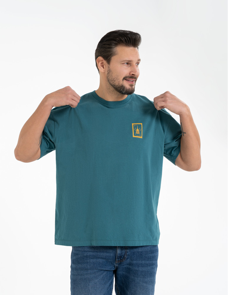 T-shirty basic - T-shirt męski luźny bawełniany z minimalistycznym nadrukiem NIEBIESKI - produkt moraj.pl 7