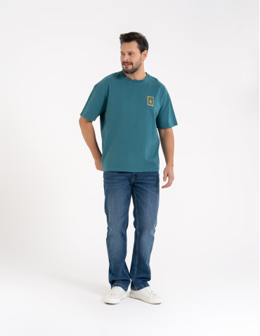 T-shirty basic - T-shirt męski luźny bawełniany z minimalistycznym nadrukiem NIEBIESKI - produkt 8