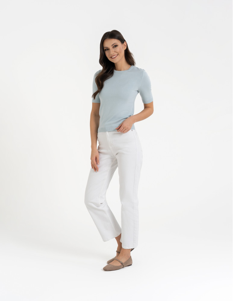 Swetry i kardigany - Sweter damski z krótkim rękawem z wiskozą NIEBIESKI  - produkt moraj.pl 4