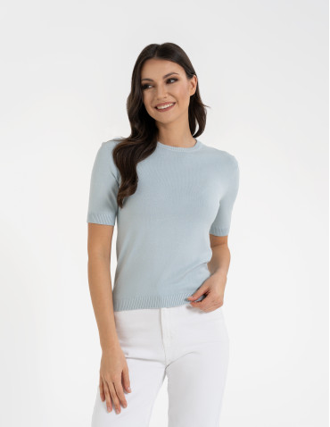 Swetry i kardigany - Sweter damski z krótkim rękawem z wiskozą NIEBIESKI - produkt 7