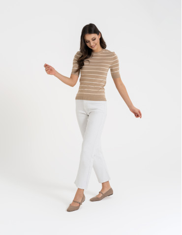 Sweter damski z krótkim rękawem z wiskozą - BEŻOWY  - produkt 2