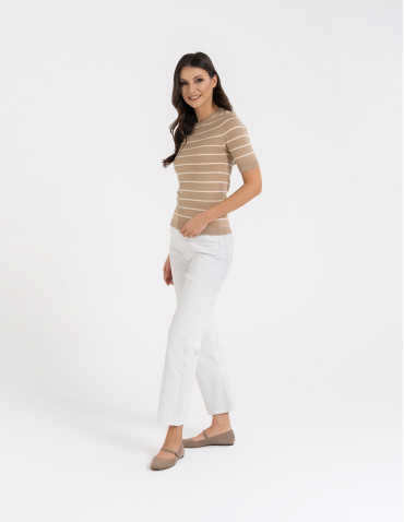 Swetry i kardigany - Sweter damski z krótkim rękawem z wiskozą BEŻOWY - produkt 3